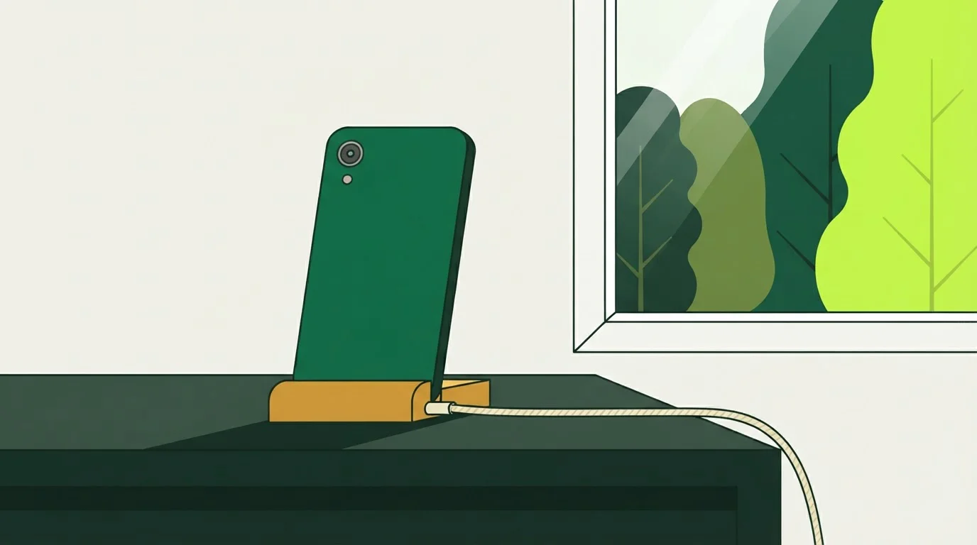 Smartphone auf einer schlichten Ladestation direkt neben einem hellen Fenster