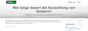 Hilfecenter von TOTALbet mit Überschrift und Text zur Bearbeitungszeit einer Auszahlung.