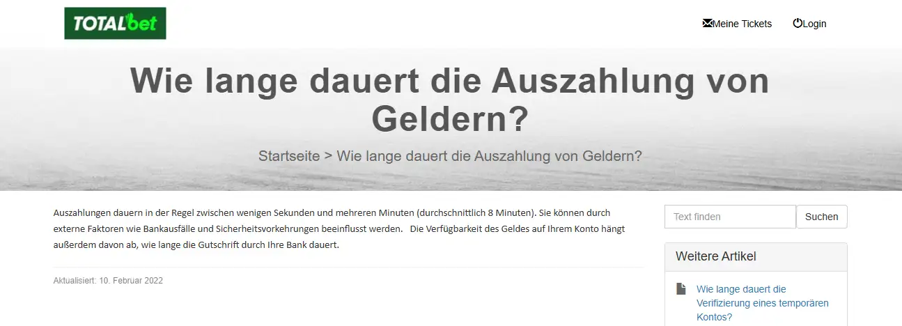 Hilfecenter von TOTALbet mit Überschrift und Text zur Bearbeitungszeit einer Auszahlung.