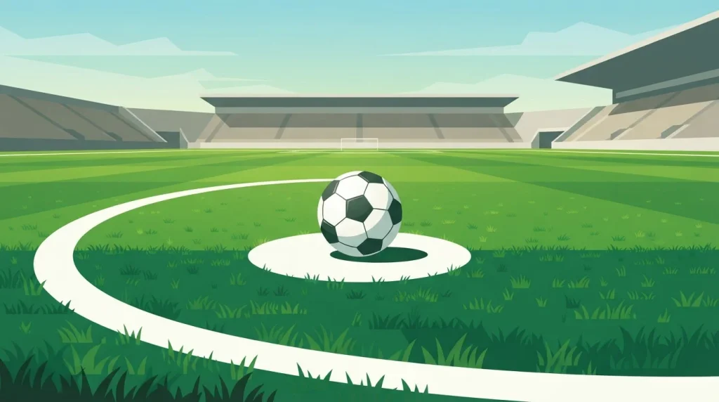 Ein Fußball liegt auf dem Elfmeterpunkt eines grünen Spielfelds.
