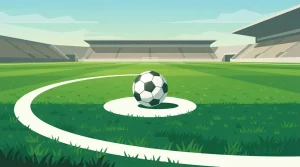 Ein Fußball liegt auf dem Elfmeterpunkt eines grünen Spielfelds.