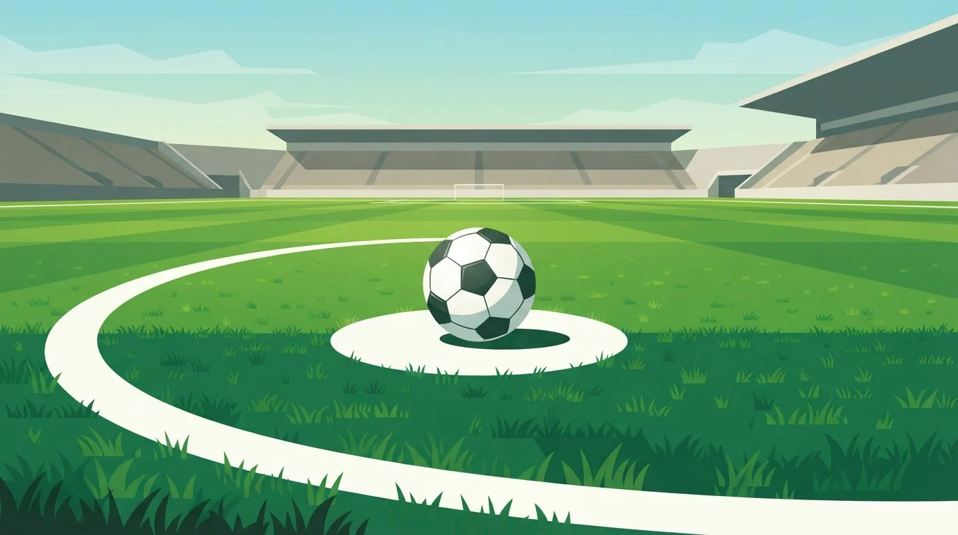 Ein Fußball liegt auf dem Elfmeterpunkt eines grünen Spielfelds.