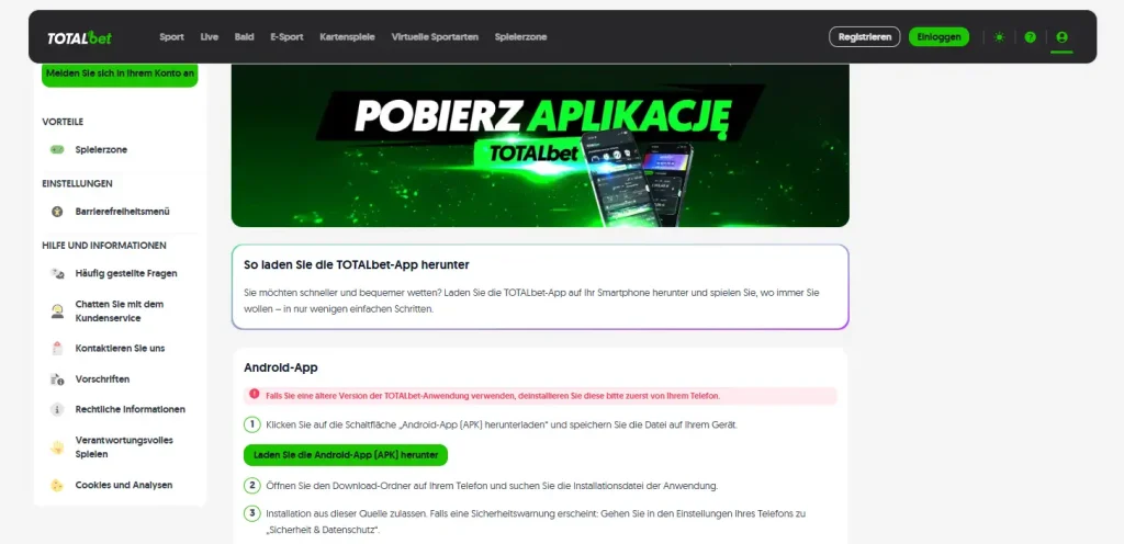Mobile Anwendungsinformationen zu TOTALbet auf der Anbieterwebsite