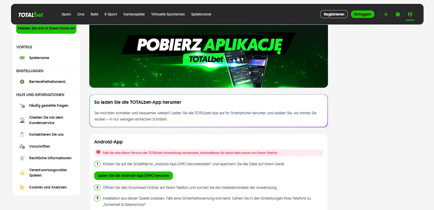 Mobile Anwendungsinformationen zu TOTALbet auf der Anbieterwebsite