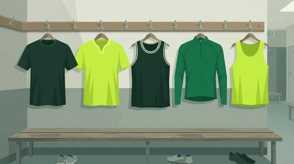 Mehrere einfarbige Sporttrikots hängen nebeneinander in einer Umkleidekabine.